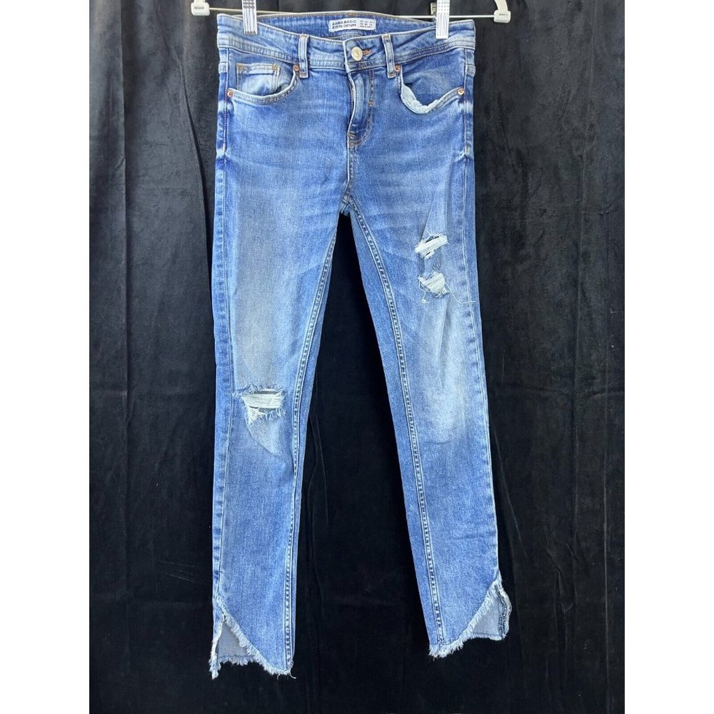 Zara Womens Basic Denim Medium Wash Ankle Length Distressed Blue Jeans Size 2